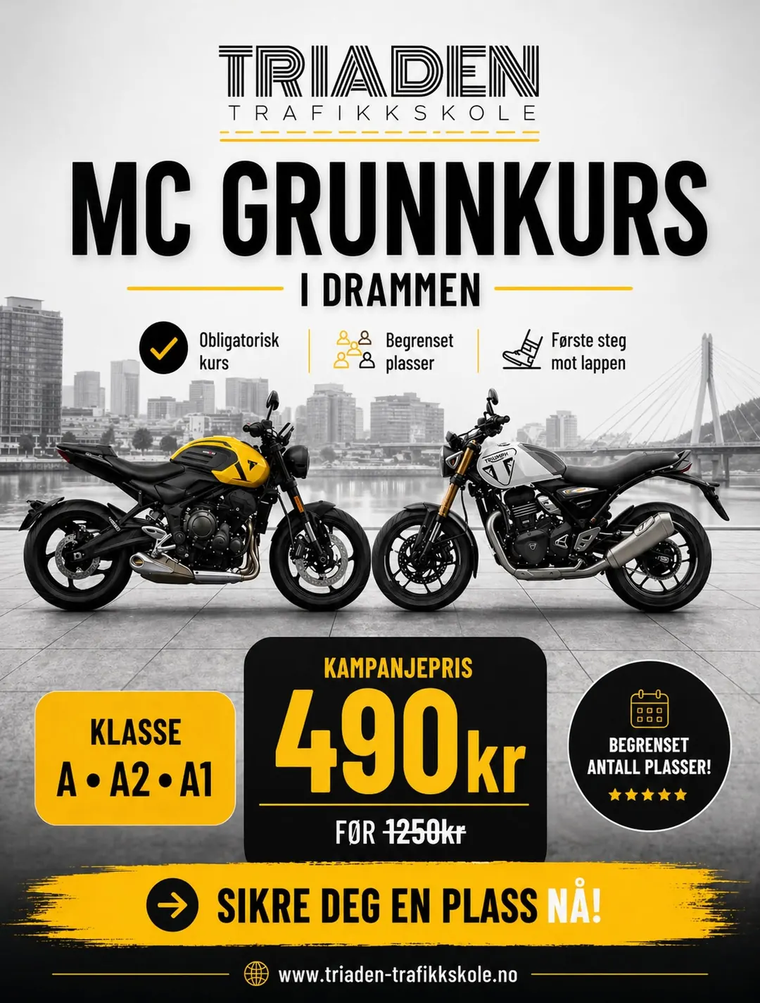 Plakat med to motorsykler for MC-grunnkurs i Drammen