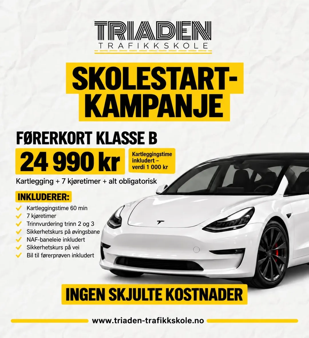 Plakat for skolestartkampanjen: førerkort klasse B for 24 990 kr